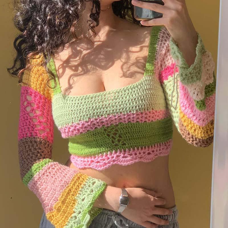 Frauen häcet Strickmasch Pullover quadratische Nacken Langschläfe Farbblock Pullover Crop Tops Bluse Tops Rückenless Binde T -Shirts Pullover