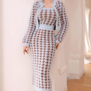 2023 OEM Herbst Strickrockanzug Mohair Cardigans Stricker Mode sexy Knopf langer Rock Outwear Ladies Long Strick -Pullover