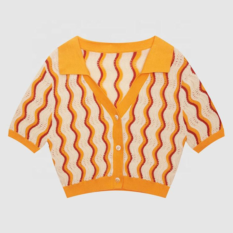 2023 Neue Design Custom Women \'s Strickwear gegen Hals Loses Feste Frühlings Sommer-T-Shirts Kurzschlärm Stricker Strickjacke Pullover