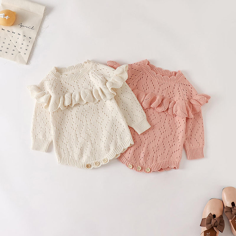 Herbst und Winter Neue Mädchen \\\\\\\\ \'Baby gestricktem Overall ausgehöhlt, ausgehöhltes Longärmelte-Strick-Knopf-Jumpsuit ausgehöhlt