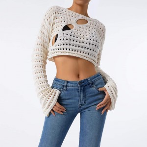 Frauen Hohlaushobe Häkeln Strickschnitzer Crop Tops Farbblock Langarm quadratischer Nacken Fall Pullover Tops