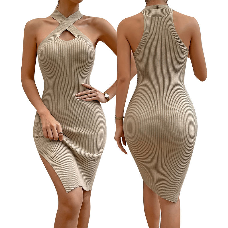 Sommer Custom Women Strick Kleid sexy Nacken Design Frauen Feste Farbkleider Lady Rock Strick -Pullover Kleid