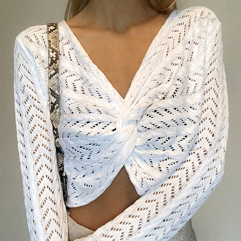 Weißer Pullover mit V-Ausschnitt ausgehöhlt mit langärmer Modenshow dünne sexy gestrickte Frauen-Pullover